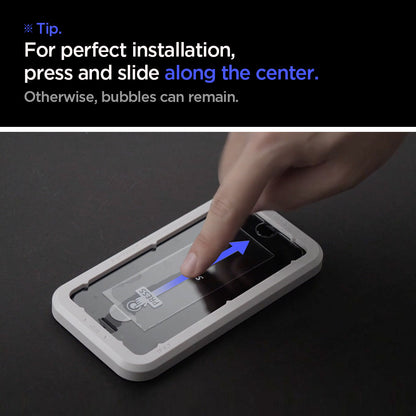 AGL01867 - iPhone SE Series Alignmaster Full Cover Screen Protector showing the Tip, for perfect installation, press and slide along the center. Otherwise, bubbles can remain