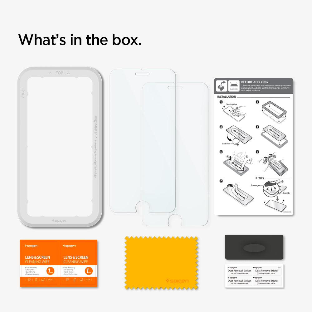AGL01867 - iPhone SE Series Alignmaster Full Cover Screen Protector showing the what's in the box. Alignment tray, screen protector, installation manual, cleaning wipes, microfiber cloth and dust sticker