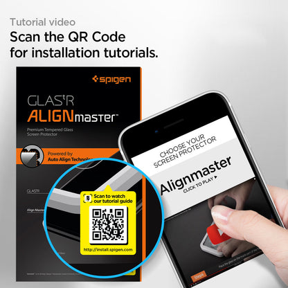 AGL01867 - iPhone SE Series Alignmaster Full Cover Screen Protector showing the tutorial video. Scan the QR Code for installation tutorials