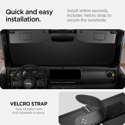 ACP09110 - Wrangler (2024) CryoShade JO260 in Black showing the quick and easy installation. Install within seconds, includes Velcro strap to secure the sunshade. Easy to fasten and lock sunshade in place