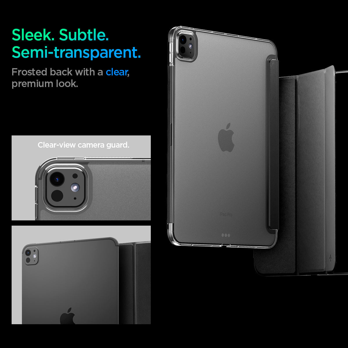 ACS09440 - iPad Pro 11-inch (2024) Case Liquid Air Folio in Black showing the sleek, subtle and semi-transparent frosted back with a clear, premium look. Clear-view camera guard