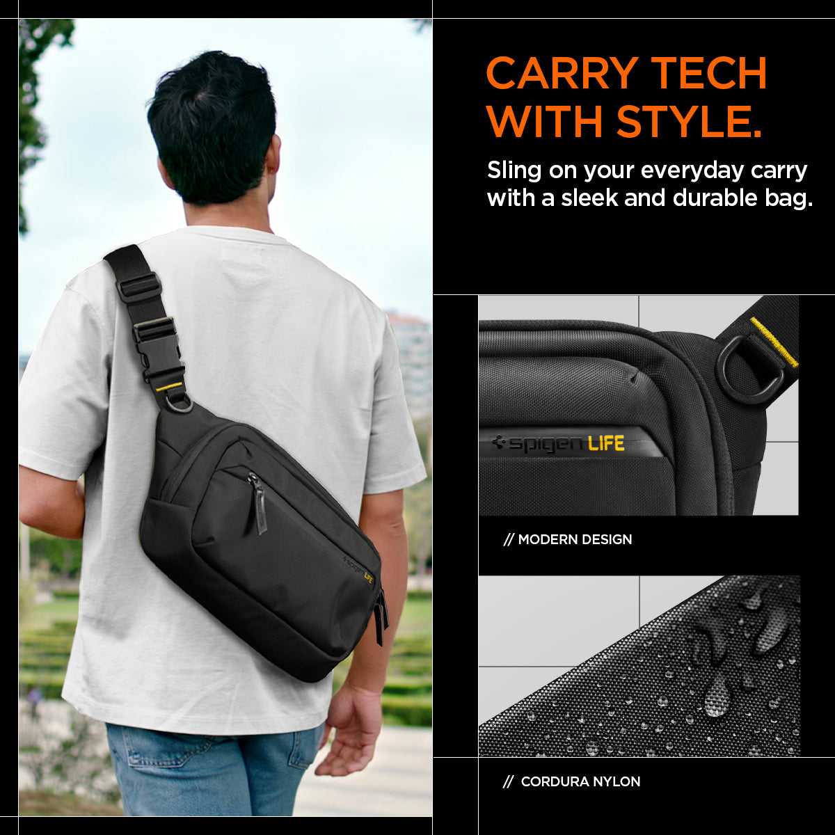 AFA07482 - Sling Bag KD410 in Black showing carry tech in style