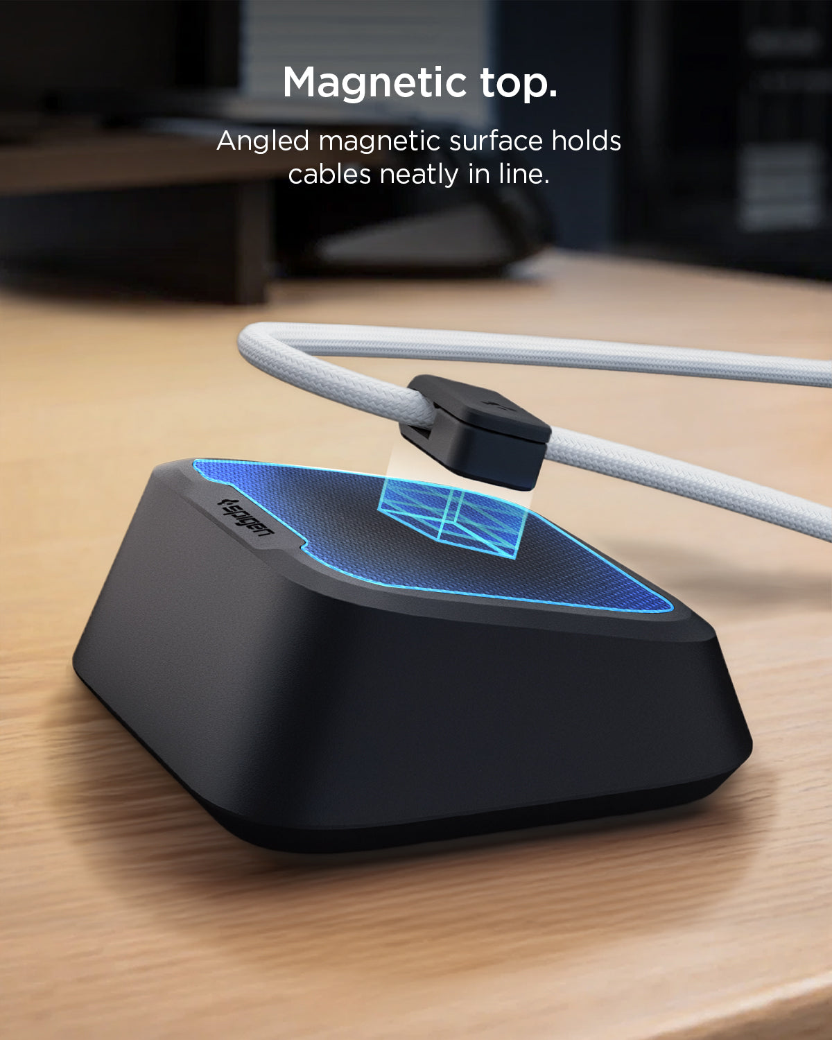 APP11145 - Magnetic Cable Holder | LD103 showing magnetic top. angled magnetic surface holds cables neatly in line