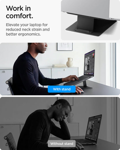 AMP11119 - Slim Fold Laptop Stand | LD201-S10 Black showing work in comfort