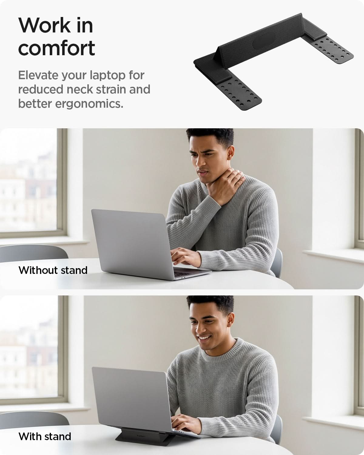 AMP10401 - Slim Fold Laptop Stand | LD201-S1 showing work in comfort and reduce neck strain