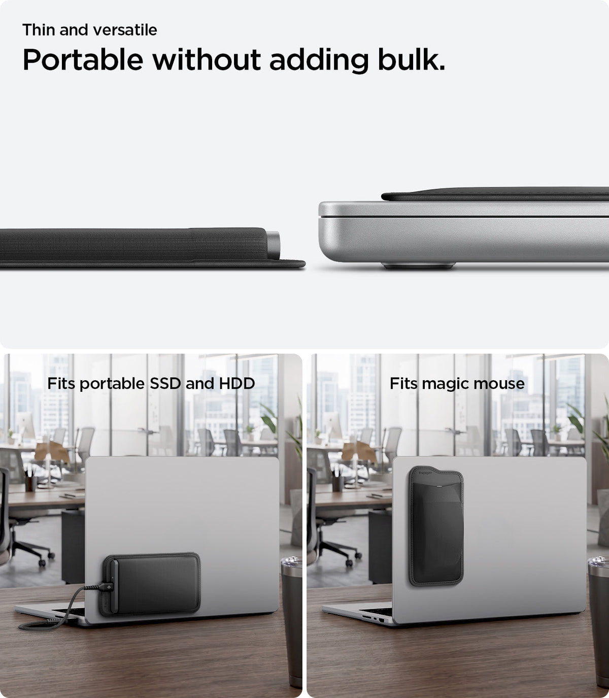 APP11228 - SSD/HDD Holder | LD221 in Black showing thin side profile and dual-use versatility infographic with portable SSD and HDD fit and magic mouse compatibility on MacBook