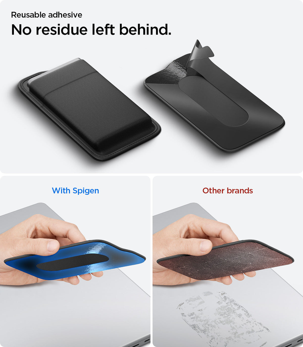 APP11228 - SSD/HDD Holder | LD221 in Black showing reusable adhesive comparison infographic with clean residue-free removal versus other brands leaving sticky residue on laptop