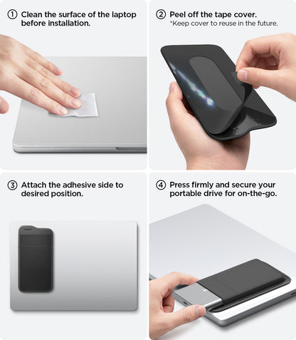 APP11228 - SSD/HDD Holder | LD221 in Black showing four-step installation guide with surface cleaning peel-off tape cover adhesive placement and secure drive insertion steps