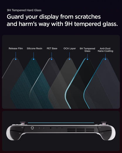 AGL09773 - Lenovo Legion Go S Glas.tR SLIM in Clear showing the 9H Tempered Hard Glass. Guard your display from scratches and harm's way with 9H tempered glass. Release Film, Silicon Resin, PET Base, OCA Layer, 9H Tempered Glass and Anti-Dust Nano Coating