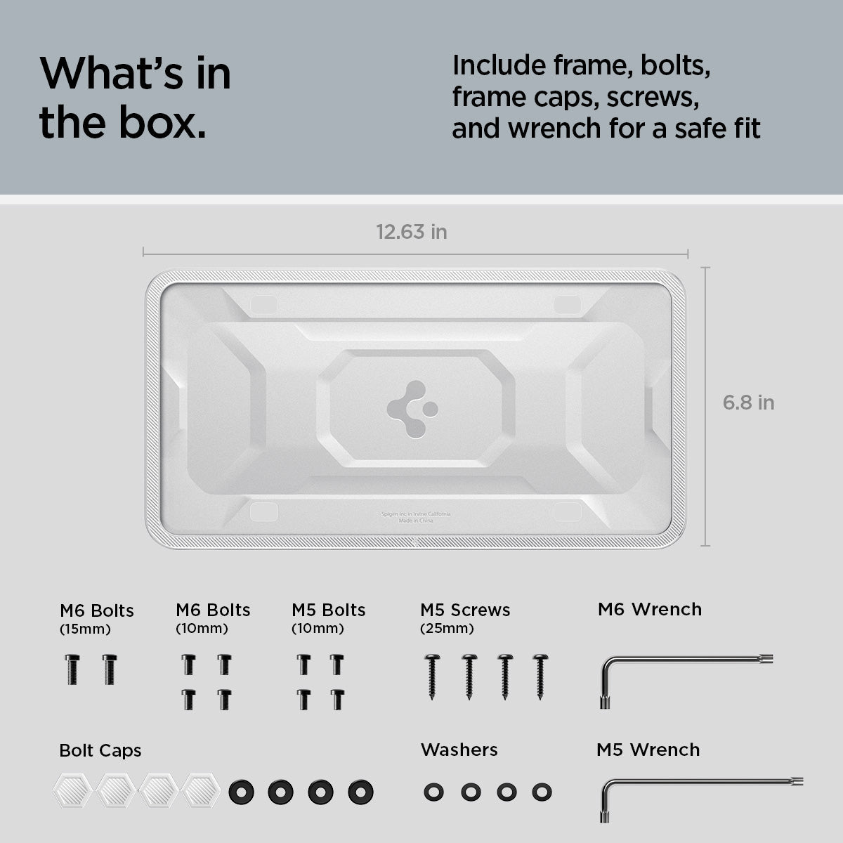 ACP12020 - License Plate Frame | LP100 in White showing the what's in the box, includes frame, bolt, caps, screws and wrench for a safe fit, with 6.8inx12.63in
