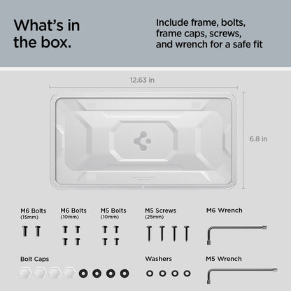 ACP12020 - License Plate Frame | LP100 in White showing the what's in the box, includes frame, bolt, caps, screws and wrench for a safe fit, with 6.8inx12.63in
