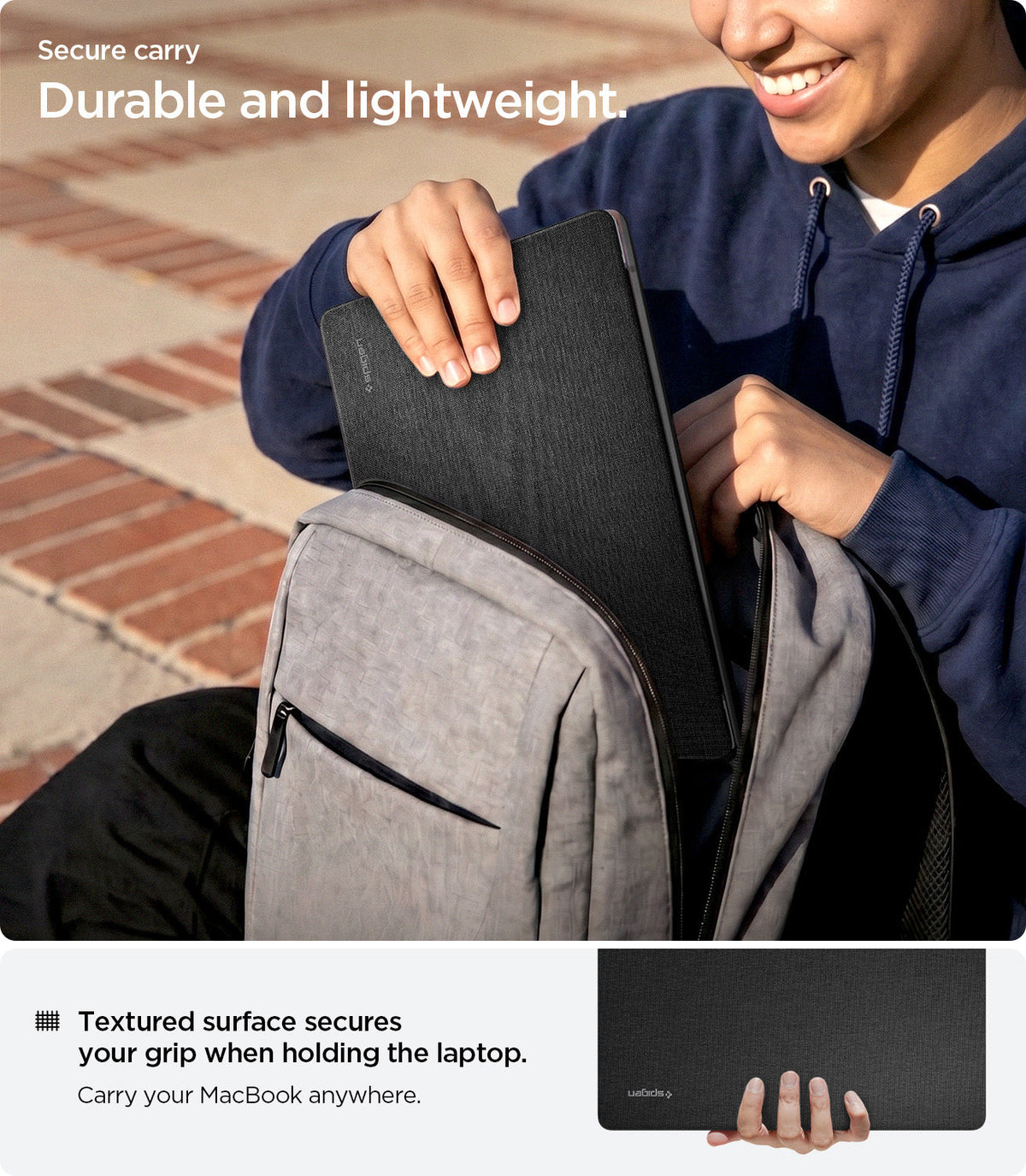 ACS05272 - MacBook Air Case Urban Fit in black showing lightweight MacBook Air case with textured surface grip fitting easily into a backpack