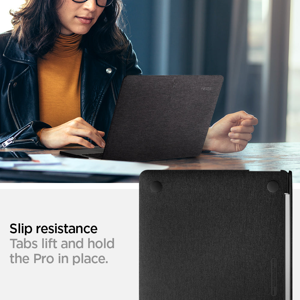 070CS25965 - MacBook Pro 13-inch Case Thin Fit in Black showing the slip resistance. Tabs lift and hold the Pro in place
