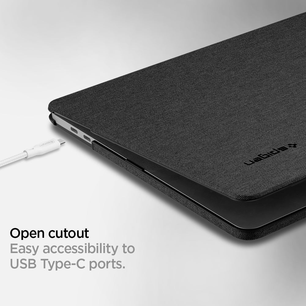 070CS25965 - MacBook Pro 13-inch Case Thin Fit in Black showing the open cutout. Easy accessibility to USB Type-C ports