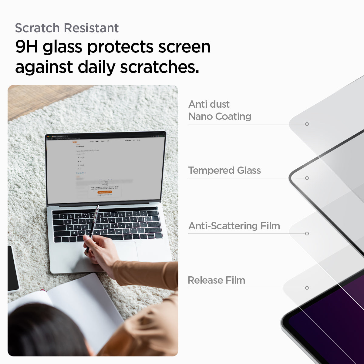 AGL04233 - MacBook Pro 16-inch (2023) GLAS.tR SLIM in Clear showing the scratch resistant. 9H glass protects screen against daily scratches with Anti-dust Nano Coating, Tempered Glass, Anti-Scattering Film and Release Film