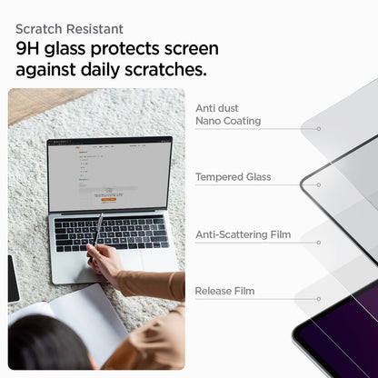 AGL04233 - MacBook Pro 16-inch (2023) GLAS.tR SLIM in Clear showing the scratch resistant. 9H glass protects screen against daily scratches with Anti-dust Nano Coating, Tempered Glass, Anti-Scattering Film and Release Film