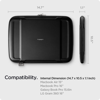 AFA04271 - MacBook Pro Series Rugged Armor Pro Pouch in black showing the compatibility. Internal dimension (14.7 x 10.5 x 1.1 inch) Macbook Air 15" | Pro 16" | Galaxy Book Pro 15.6in | LG Gram 360 16"