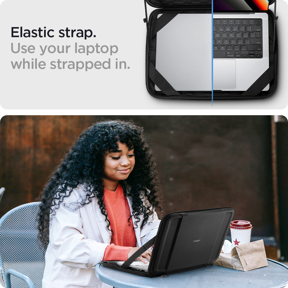 AFA04271 - MacBook Pro Series Rugged Armor Pro Pouch in black showing the elastic strap. Use your laptop while strapped in