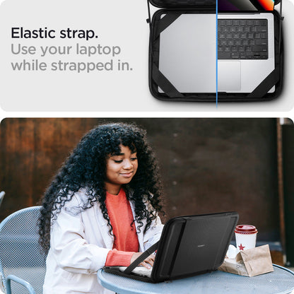 AFA04271 - MacBook Pro Series Rugged Armor Pro Pouch in black showing the elastic strap. Use your laptop while strapped in
