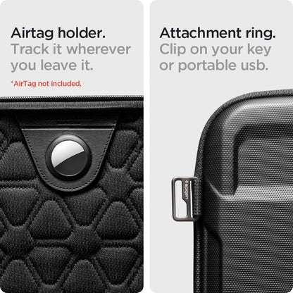 AFA04271 - MacBook Pro Series Rugged Armor Pro Pouch in black showing the airtag holder. Track it wherever you leave with attachment ring. Clip on your key or portable usb
