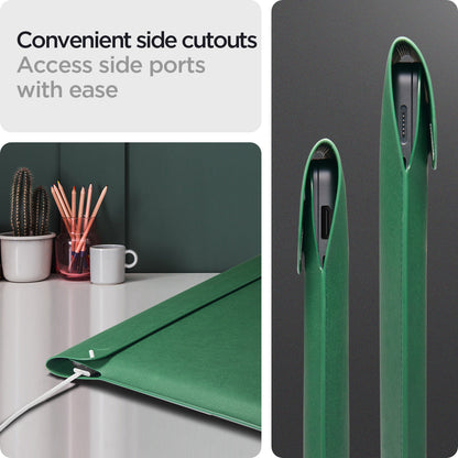 AFA06417 - MacBook Pro 14-inch Valentinus Laptop Pouch in JeJu Green showing convenient side cutouts for easy access to charging and side ports