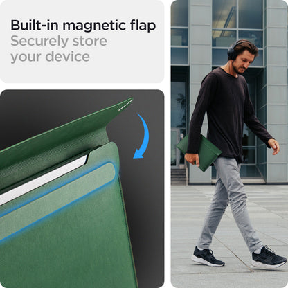 AFA06417 - MacBook Pro 14-inch Valentinus Laptop Pouch in JeJu Green featuring built in magnetic flap closure and lifestyle carry in urban setting