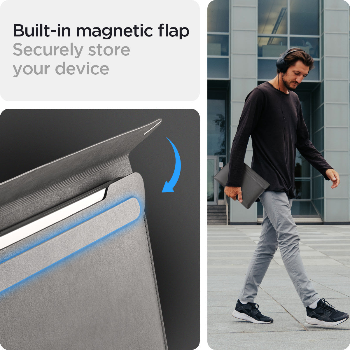 AFA06415 - MacBook Pro 14-inch Valentinus Laptop Pouch in City Gray featuring built in magnetic flap closure and lifestyle carry in urban setting