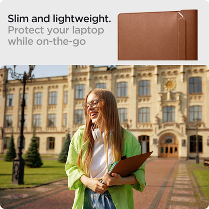 AFA06419 - MacBook Pro 16-inch Valentinus Laptop Pouch in Classic Brown highlighting slim lightweight profile designed for portable laptop protection