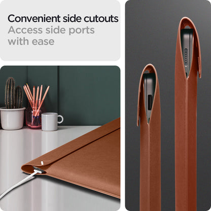 AFA06419 - MacBook Pro 16-inch Valentinus Laptop Pouch in Classic Brown showing convenient side cutouts for easy access to charging and side ports