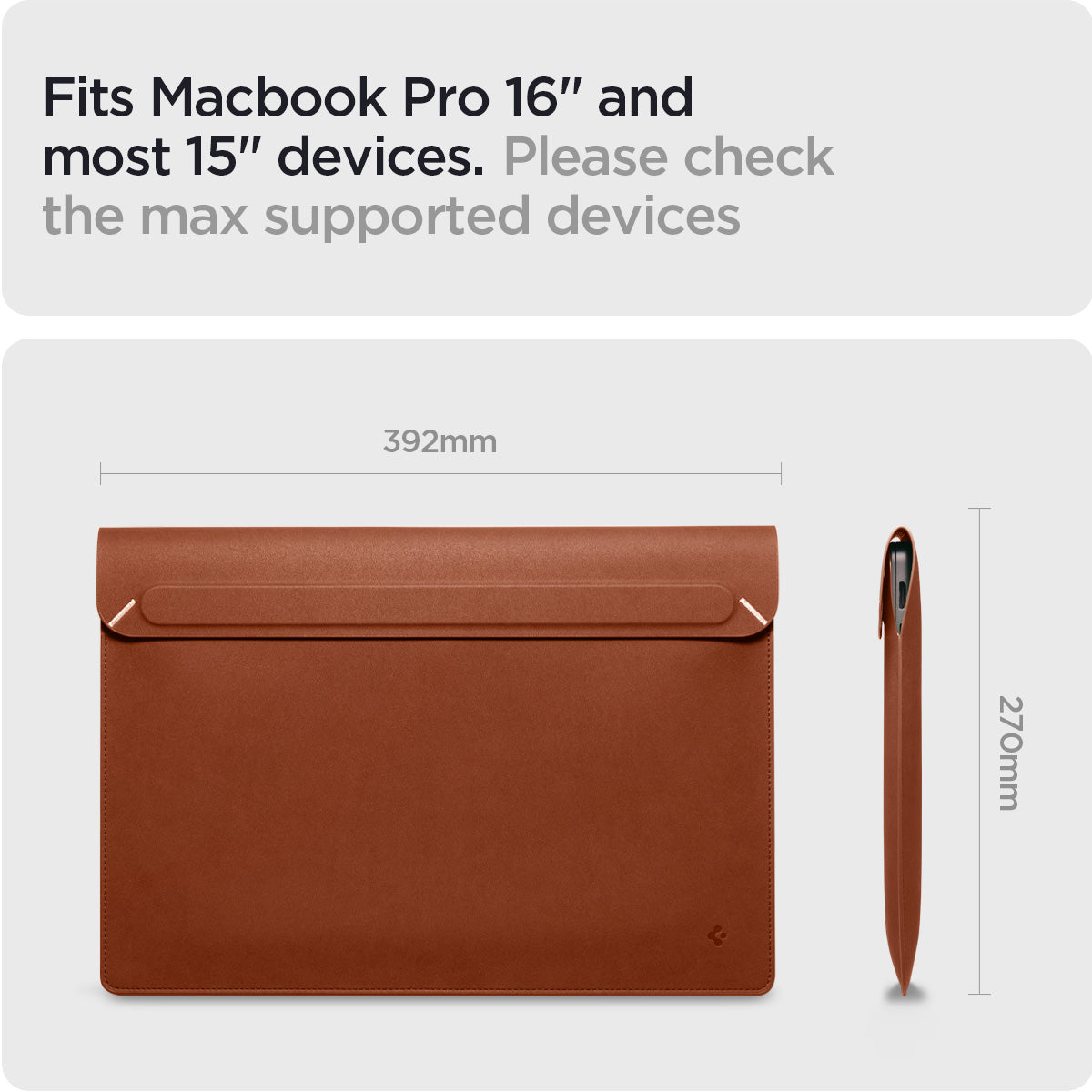 AFA06419 - MacBook Pro 16-inch Valentinus Laptop Pouch in Classic Brown displaying dimensions and compatibility with MacBook Pro 16 inch and most 15 inch laptops