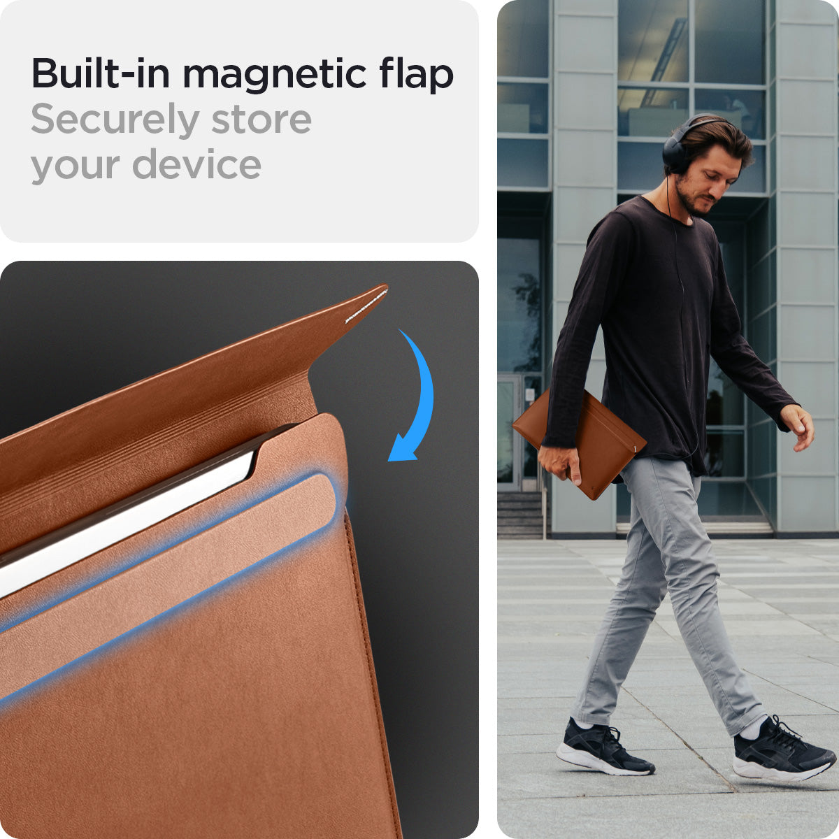 AFA06419 - MacBook Pro 16-inch Valentinus Laptop Pouch in Classic Brown featuring built in magnetic flap closure and lifestyle carry in urban setting