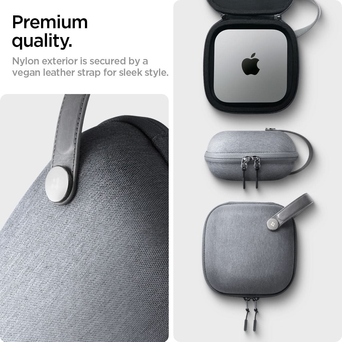 AFA09214 - Mac Mini M4 Klasden Pouch in Charcoal Gray showing the premium quality, nylon exterior is secured by a vegan leather strap for sleek style