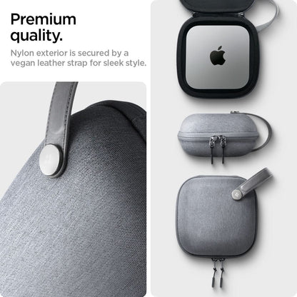 AFA09214 - Mac Mini M4 Klasden Pouch in Charcoal Gray showing the premium quality, nylon exterior is secured by a vegan leather strap for sleek style