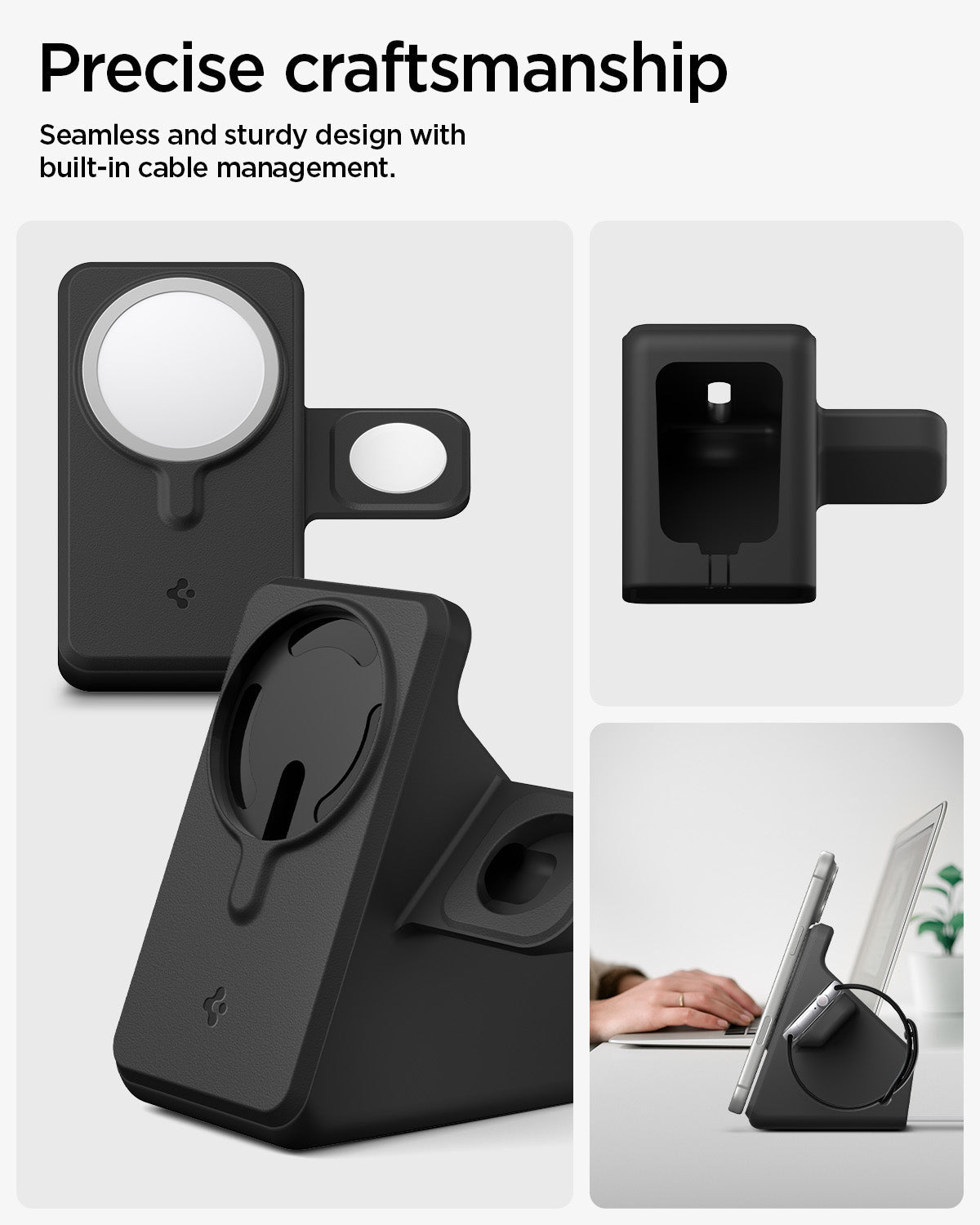 AMP09172 - Magsafe Duo Charger Stand (Mag Fit) in Black showing the precise craftsmanship. Seamless and sturdy design with built-in cable management.