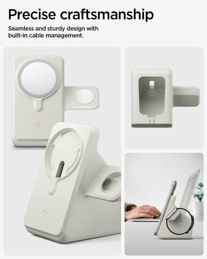 AMP09173 - Magsafe Duo Charger Stand (Mag Fit) in Dune Beige showing the precise craftsmanship. Seamless and sturdy design with built-in cable management.