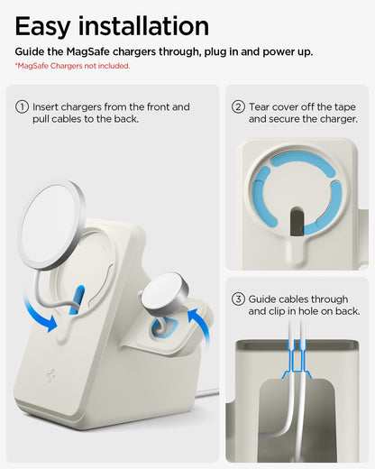 AMP09173 - Magsafe Duo Charger Stand (Mag Fit) in Dune Beige showing the easy installation. Guide the Magsafe chargers through, plug-in and power-up. 1. Insert charges from the front, and pull cables to the back 2. Tear cover off the tape and secure the charger 3. Guide cables through and clip in hole on back.