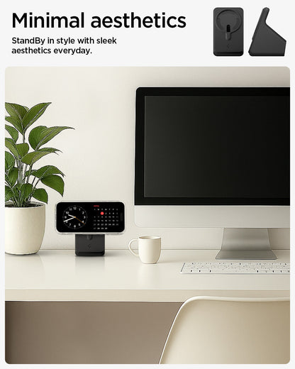 AMP09170 - Magsafe Charger Stand (Mag Fit) in Black showing the minimal esthetics. StandBy in style with sleek aesthetics everyday.