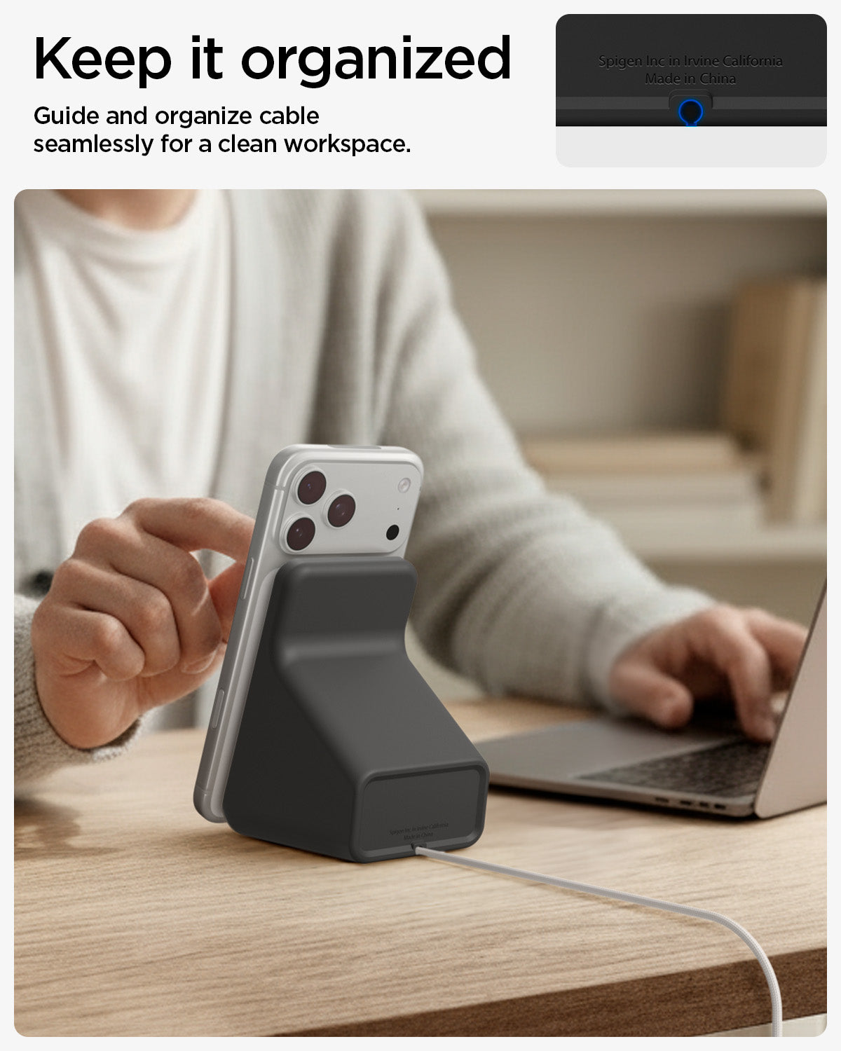 AMP09170 - Magsafe Charger Stand (Mag Fit) in Black showing the guide and organize cable seamlessly for a clean workspace