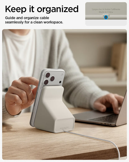 AMP09171 - Magsafe Charger Stand (Mag Fit) in Dune Beige showing the guide and organize cable seamlessly for a clean workspace
