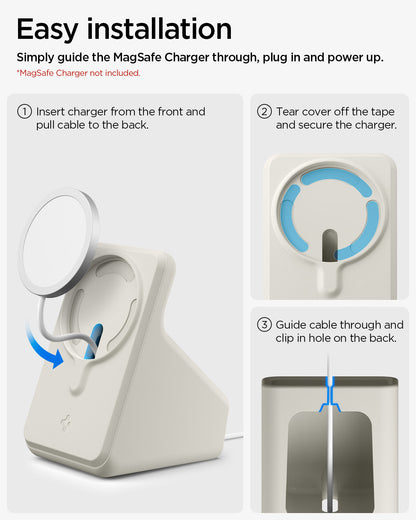 AMP09171 - Magsafe Charger Stand (Mag Fit) in Dune Beige showing the easy installation. Simply guide the MagSafe Charger through, plug in and power up. 1. Insert charger from the front, and pull cable to the back 2. Tear cover off the tape and secure the charger 3. Guide cable through and clip in hole on the back
