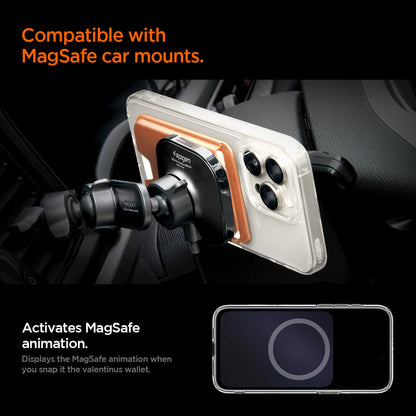 AFA11340 - MagSafe Card Holder Valentinus | 3 Cards (Mag Fit+) in Metallic Orange showing the compatible with magsafe car mounts, activates magsafe animation, displays the magsafe animation when you snap it the valentinus wallet