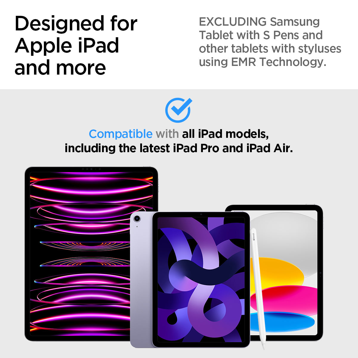 AMP06414 - OneTap Easel Magnetic Stand (MagFit) in black showing the compatibility with all iPad models, including the latest iPad Pro and iPad Air. Excluding Samsung Table with S Pens and other tablets with styluses using EMR Technology