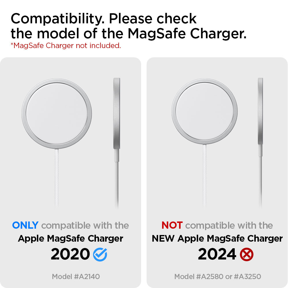 AMP02818 - Apple Airpods Max MagFit Stand in black showing compatibility, only compatible with the apple magsafe charger 2020 and not with new apple magsafe charger 2024
