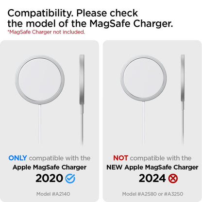 AMP02340 - MagFit in black showing the compatibility, only compatible with the Apple MagSafe Charger 2020 and Not compatible with new Apple MagSafe Charger 2024