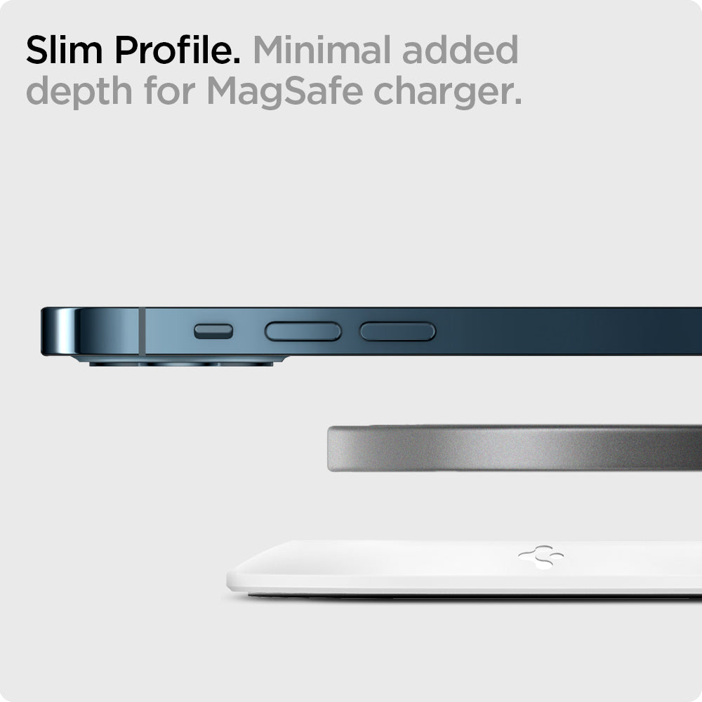 AMP03709 - MagFit in white showing the slim profile, minimal added dedpth for MagSafe charger