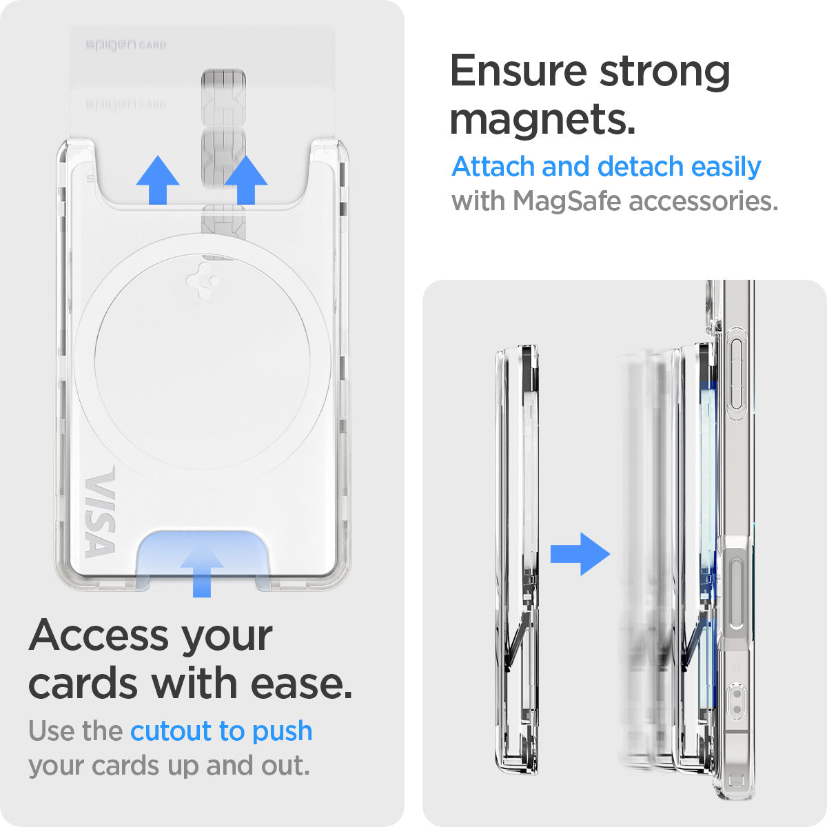 AFA08888 - Ultra Hybrid MagFit+ Wallet (MagFit) in Crystal Clear showing the ensuring strong magnets. Attach and detach easily with MagSafe accessories. Access your cards with ease. Use the cutouts to push your cards up and out