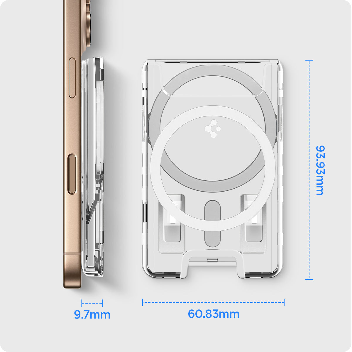 AFA08888 - Ultra Hybrid MagFit+ Wallet (MagFit) in Crystal Clear showing the size of the magsafe wallet 93.93mm x 60.83mm x 9.7mm