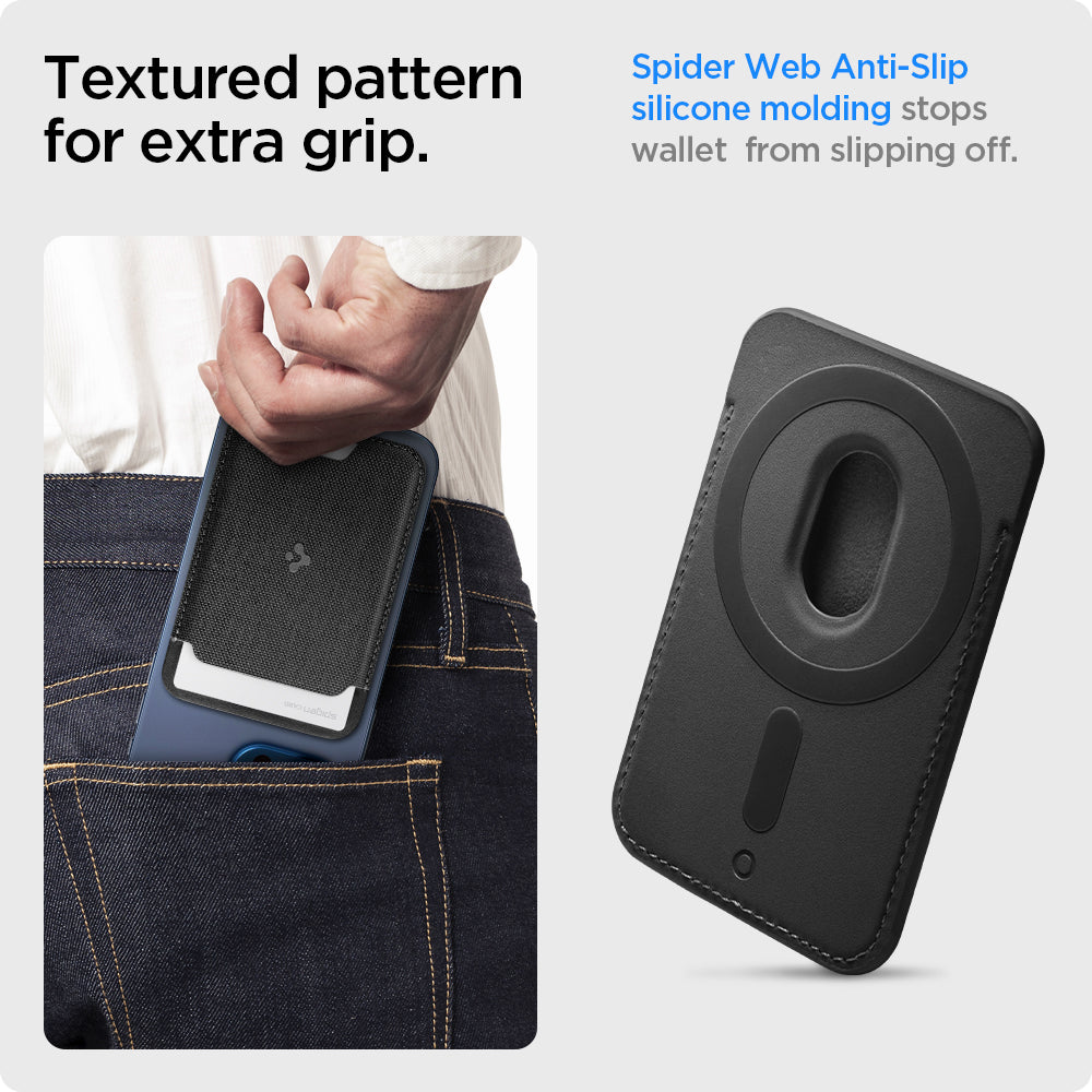 AFA07402 - MagSafe Card Holder Urban Fit (MagFit) in Black showing the textured pattern for extra grip, spider web anti-slip silicone molding stops wallet from slipping off