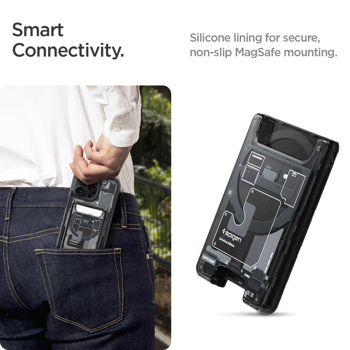 AFA07400 - Ultra Hybrid Zero One MagFit Wallet (MagFit) in Zero One showing the smart connectivity. Silicone lining for secure, non-slip MagSafe mounting