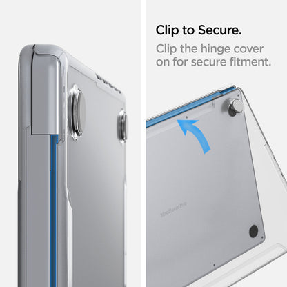 ACS04212 - MacBook Pro 14" Case Thin Fit in crystal clear showing the secure clip. Clip the hinge cover on for secure fitment